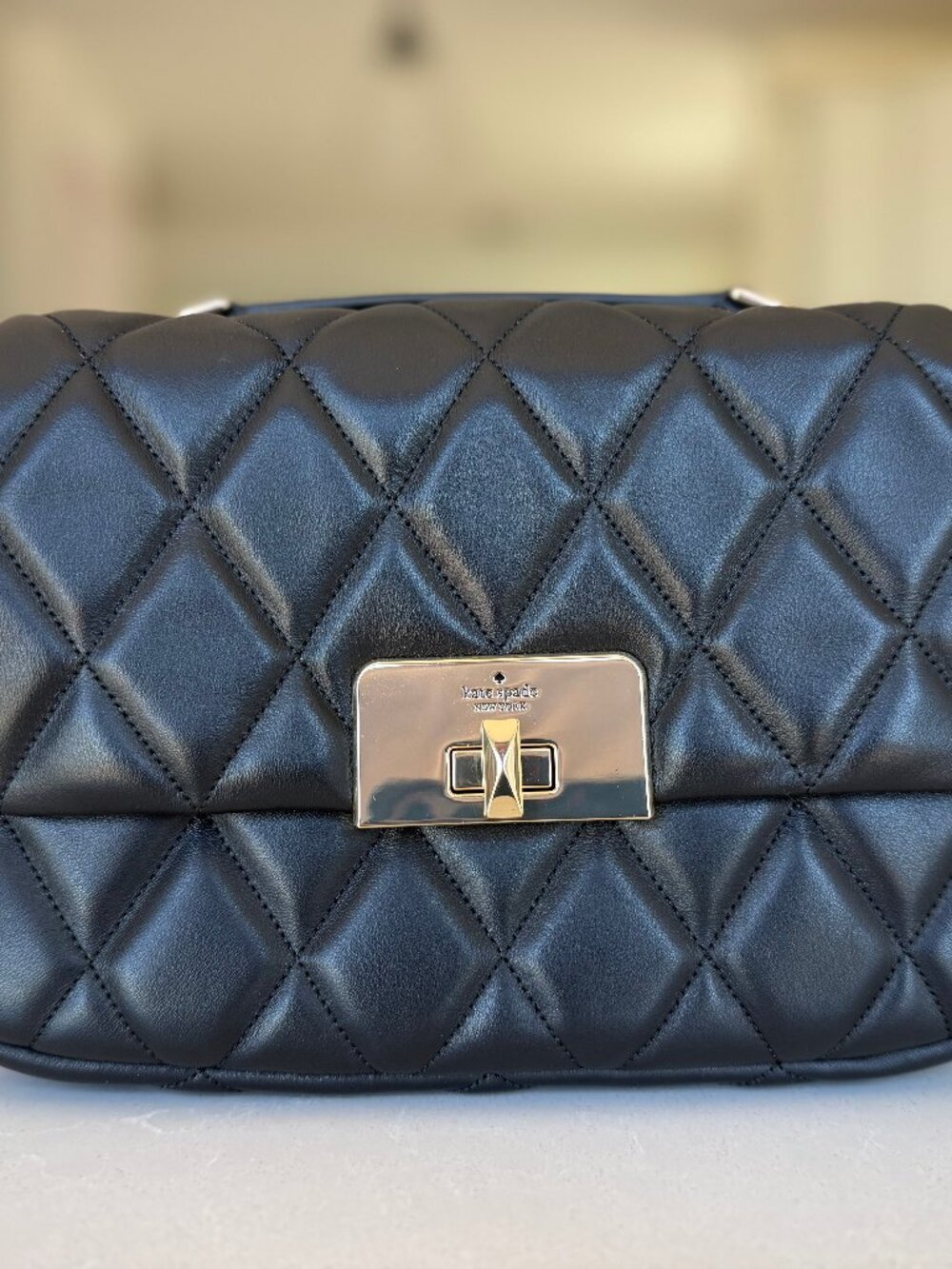 Kate Spade Carey Quilted Small Flap Black Crossbody Bag with Gold Chain